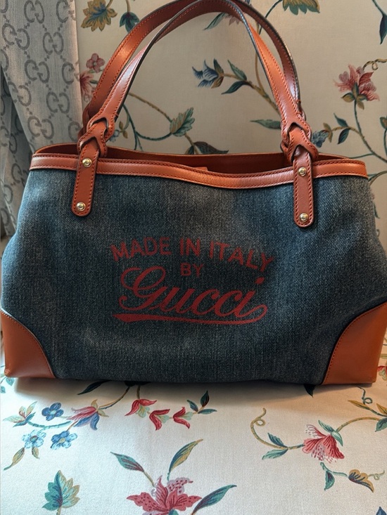 Gucci Handbags - Gucci Blue Denim Tote with Orange Leather Trim